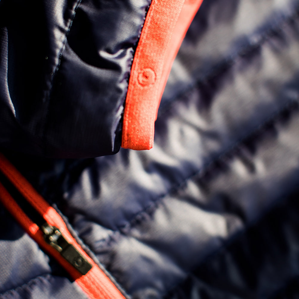 Isobaa | Mens Merino Wool Insulated Jacket (Navy/Orange) | Innovative and sustainable design with our Merino jacket.