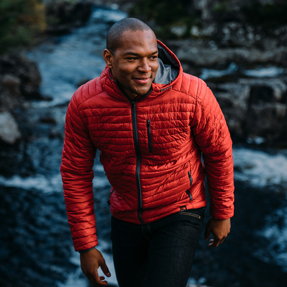 Isobaa | Mens Merino Wool Insulated Jacket (Red/Smoke) | Innovative and sustainable design with our Merino jacket.