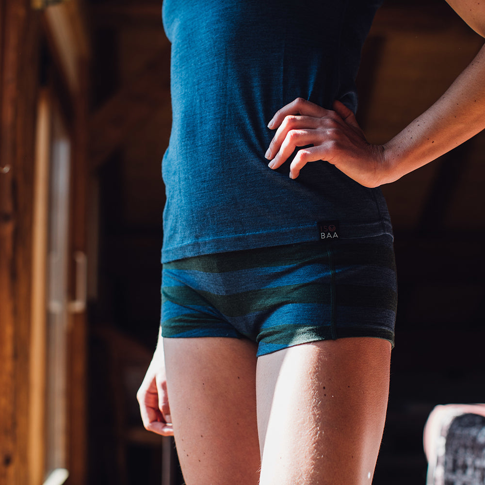 Isobaa | Womens Merino 180 Hipster Shorts (Forest/Denim) | Conquer any activity in comfort with Isobaa's superfine Merino hipster shorts.