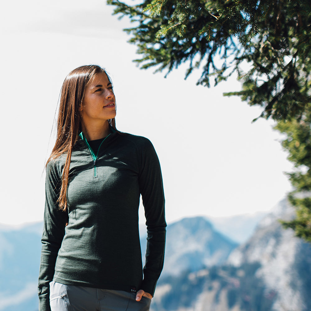 Isobaa | Womens Merino 200 Long Sleeve Zip Neck (Forest) | Experience the best of 200gm Merino wool with this ultimate half-zip top – your go-to for challenging hikes, chilly bike commutes, post-workout layering, and unpredictable weather.