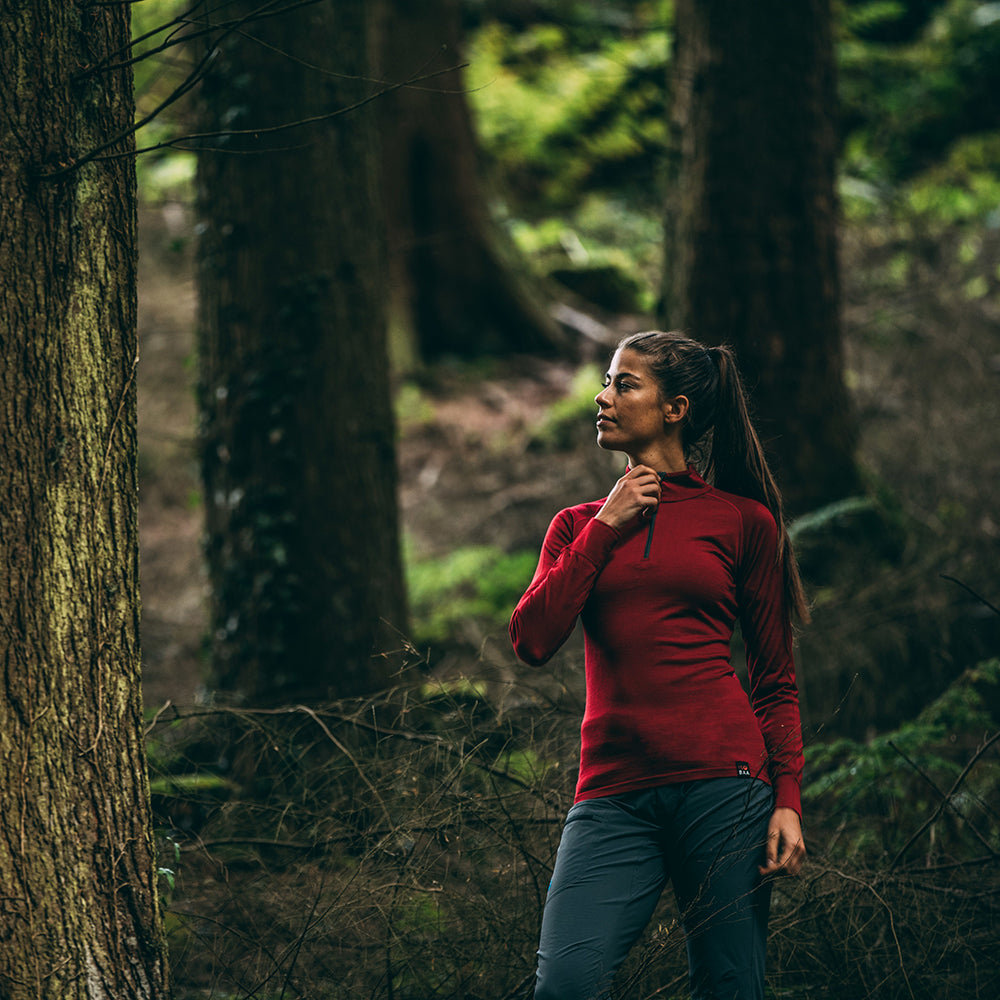 Isobaa | Womens Merino 200 Long Sleeve Zip Neck (Red) | Experience the best of 200gm Merino wool with this ultimate half-zip top – your go-to for challenging hikes, chilly bike commutes, post-workout layering, and unpredictable weather.
