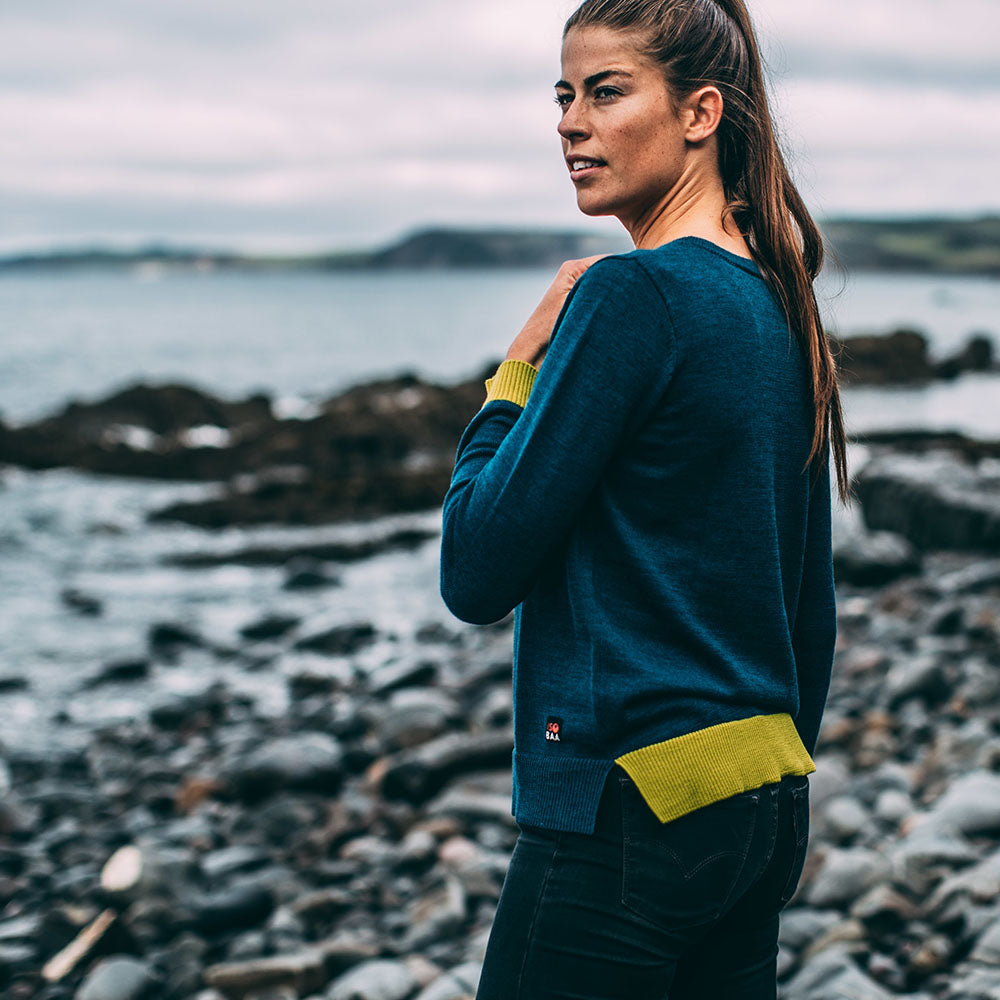 Isobaa | Womens Merino Crew Sweater (Petrol/Lime) | Everyday warmth and comfort with our superfine 12-gauge Merino wool crew neck sweater.
