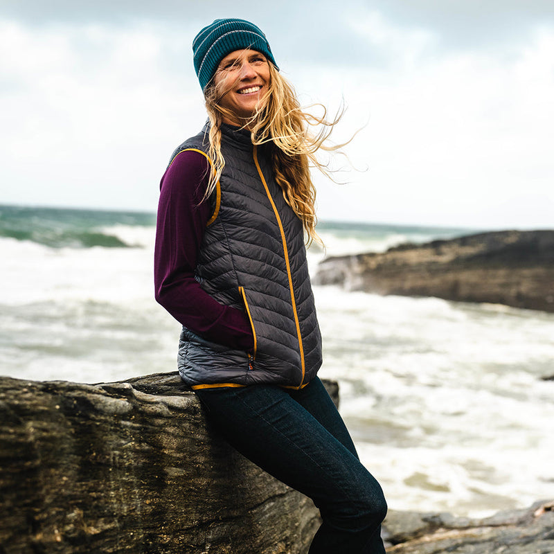 Isobaa | Womens Merino Wool Insulated Gilet (Smoke/Mustard) | Fight the chill with our innovative Merino gilet.