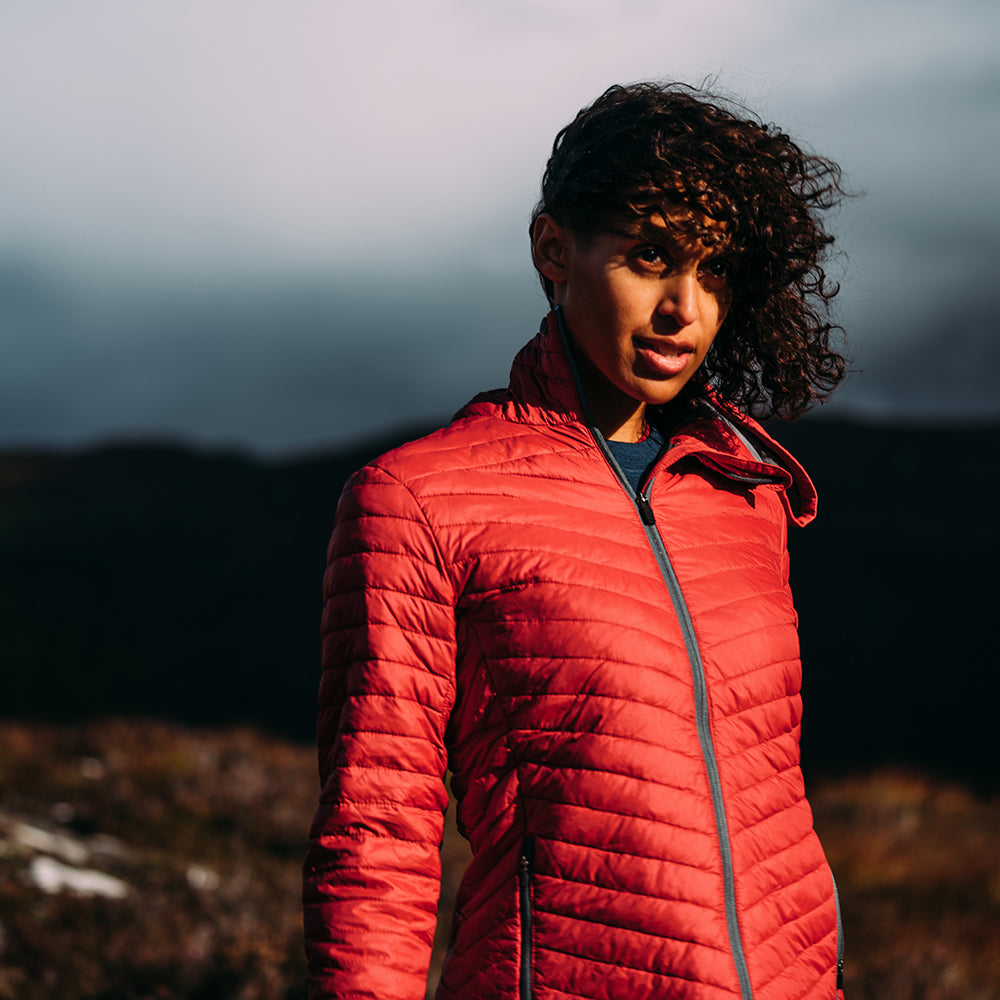 Isobaa | Womens Merino Wool Insulated Jacket (Red/Smoke) | Innovative and sustainable design with our Merino jacket.